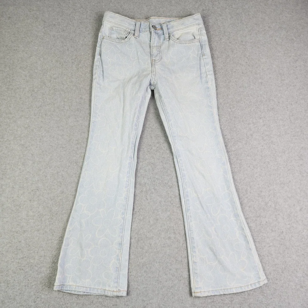 Old Navy Flare Jeans Girls Size 10 Blue Denim Floral High Rise‎ Adjustable Waist